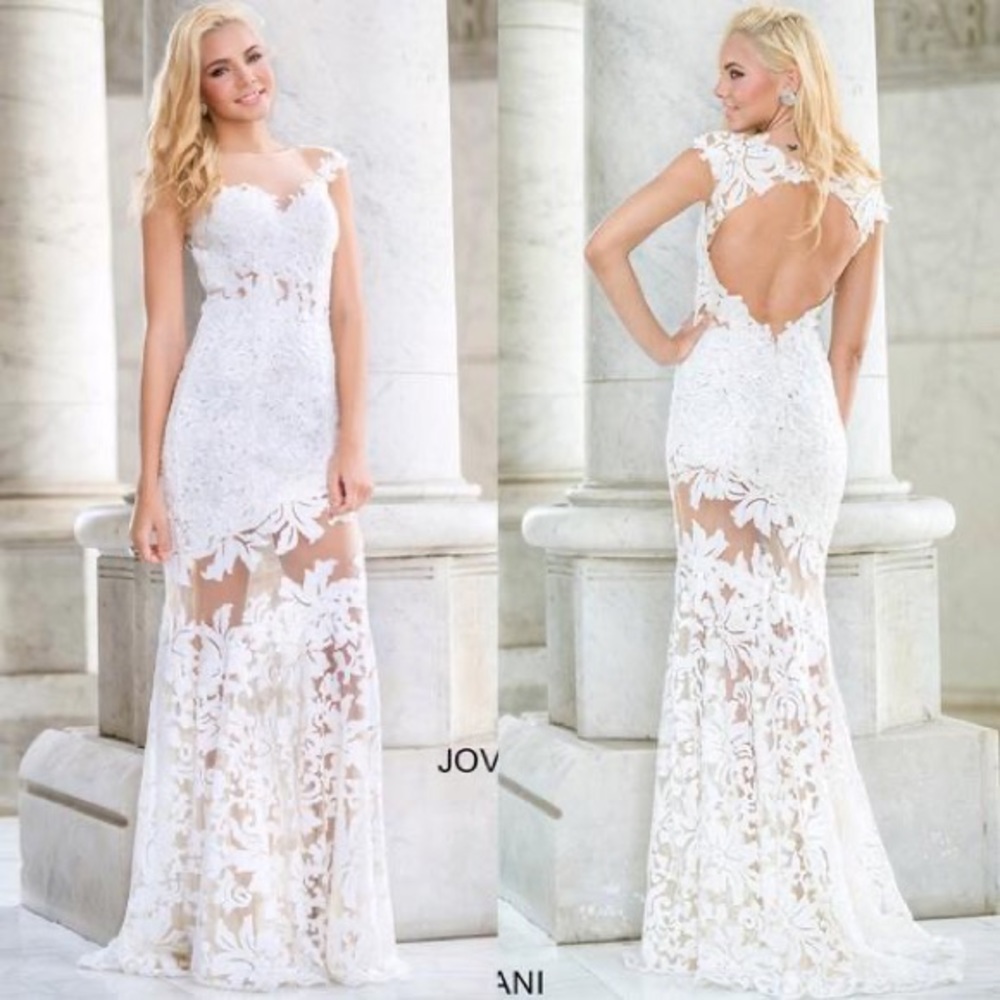 Jovani White Lace Sequin Gown